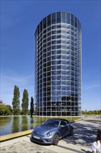 A VW car with car tower for the delivery of new cars on the grounds of the Autostadt, Volkswagen