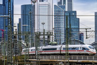 ICE train on the track in front of the main station of Frankfurt am Main, Skyline, Hesse, Germany,