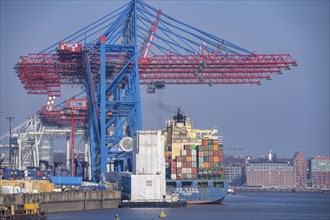 HHLA Container-Terminal Tollerort, container ship Hyundai Singapore during loading and unloading,