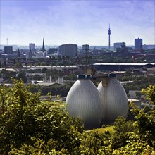 City panorama from Deusenberg with digesters and Florianturm, Dortmund, Ruhr area, North