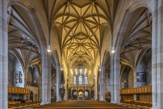 Collegiate church of St George in Tübingen. Nave in late Gothic style, altar. Tübingen,