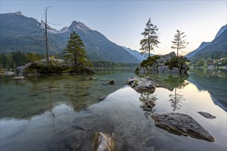 Hochkalter reflected in Hintersee, at sunset, Berchtesgaden National Park, Ramsau, Upper Bavaria,