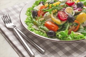 Vegetable salad, with quail eggs and olives, fresh, close-up, no people