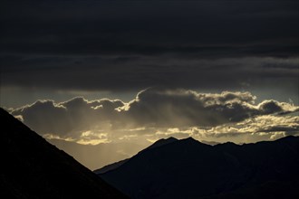 Montafon mountains with dramatic cloudy sky, Tschagguns, Rätikon, Montafon, Vorarlberg, Austria,