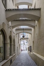 Narrow alley with historic architecture and a lantern, covered by traditional elements,