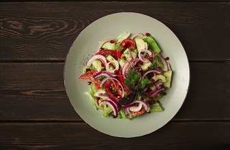 Georgian vegetable salad, tomatoes with cucumbers, red onion, walnut, pomegranate seeds, top view,