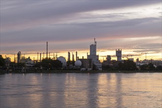 BASF, Lugwigshafen on the Rhine, industrial area, dusk, Mannheim, Baden-Württemberg, Germany,