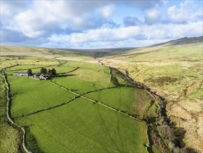 Farms over West Dart River in Dartmoor National Park, Devon, England, United Kingdom, Europe