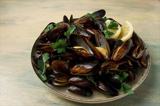 Fresh, Boiled mussels, Black Sea, with parsley and lemon, no people