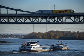 Rhine bridge near Krefeld-Ürdingen, cargo ships on the Rhine, near Krefeld, North Rhine-Westphalia,