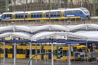 Ruhrbahn trams, at Essen-Steele S-Bahn station, interface between rail transport, Nordwestbahn and