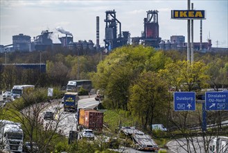 Duisburg-Nord motorway junction, A42 and A59 motorways, heavy traffic, blast furnaces of