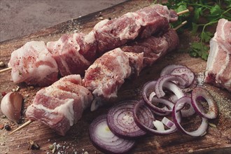 Raw pork meat, on wooden sticks, pickled kebab, with spices, top view, no people