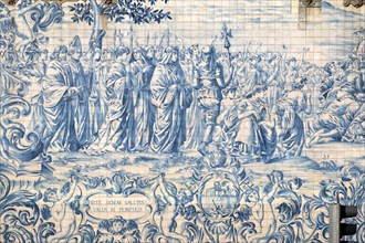 A detailed view of the exquisite blue and white azulejos tiles adorning the walls of Igreja do