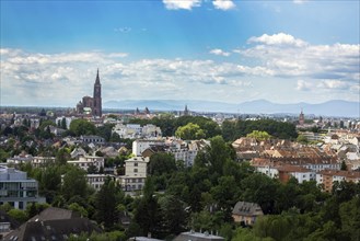 Panorama of Strasbourg with the famous cathedral and the Vosges mountains in the background