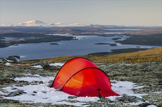 Tent in mountain landscape, Sarek National Park, World Heritage Laponia, Norrbotten, Lapland,