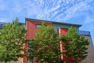 Modern building with red plaster and green trees against a blue sky, Bergen, Vestland, Norway,