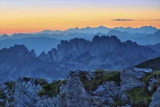 Fribourg Prealps with Gastlosen mountain range at dawn, Bernese Alps behind, cantons of Fribourg