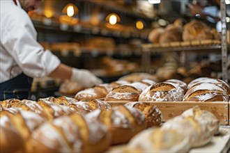 Loaves of bread in industrial bakery kitchen. KI generiert, generiert, AI generated