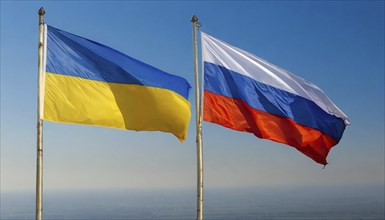 The flags of Ukraine and Russia, EU, flutter together in the wind, AI generated