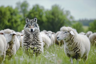 Depiction of a wolf in sheep's clothing, example of a figure of speech, metaphor, visualisation for