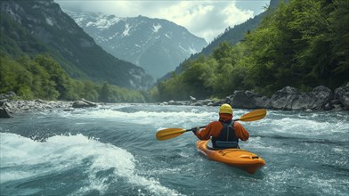 Kayaker paddling the rapids of A beautiful mountain river. generative AI, AI generated