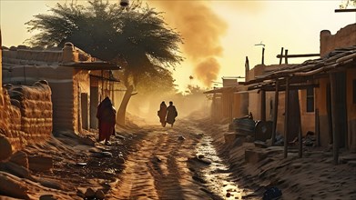 Village with traditional mud houses nestled in the thar desert, AI generated