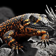 Gila monster with characteristic black and orange patterns camouflaged amongst sonoran desert