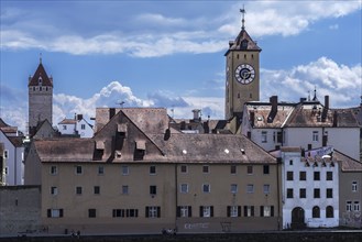 Old town hall tower, on the left the Golden Tower, a medieval tower, Regensburg, Upper Palatinate,