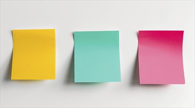 Three colourful post-it sticky notes are hanging on a white wall, AI generated