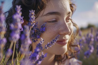 A woman savouring the scent of lavender flowers (Lavendula), AI generated, AI generated, AI