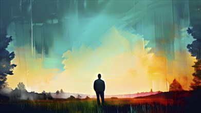 AI generated painting of a surreal landscape with a lonely human with digital brush strokes