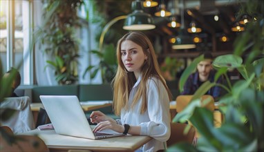 A business woman is sitting at a table with a laptop in front of her working remotely with the team