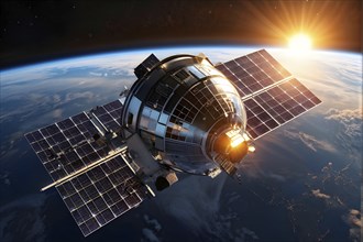 Satellite with solar panels hovering above earth, AI generated