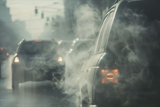 Air pollution caused by car exhaust gas in city street. KI generiert, generiert, AI generated