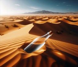 A water bottle in a sandy desert, symbolic image desert, dryness, drought, thirst, lack of water,