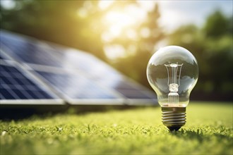 Electric light bulb with solar panel in background. KI generiert, generiert, AI generated