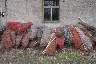 Discarded pasture fences on a shepherd's shed, Mecklenburg-Western Pomerania, Germany, Europe