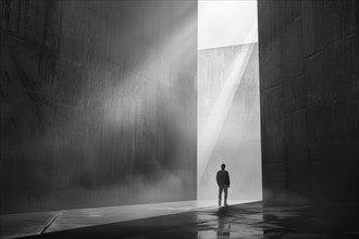 Silhouette of a man standing in a dreary hall, sunlight shining down through a gap, symbolising