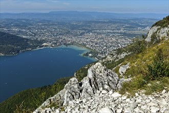 View from Mont Veyrier to the lake of Annecy, Lac d'Annecy, and the town of Annecy, Haute-Savoie,