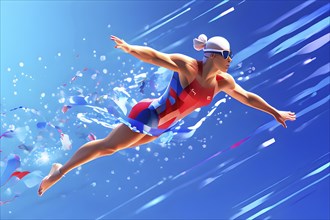 Abstract digital render of an olympic swimmer morphing into fluid shapes in french tricolor blue