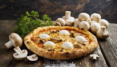 Food, a ready-made pizza with mushroom and mozzarella cheese, AI generated, AI generated