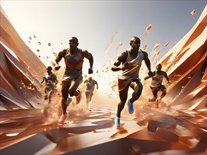 Marathon runners transforming into fluid abstract shapes, AI generated