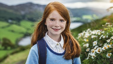 Red-haired girl with freckles smiles gently in a peaceful rural setting, Ireland, ki generated, AI