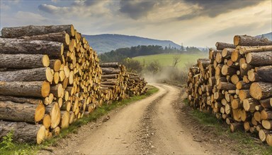 Forestry, timber industry, tree trunks stacked along a path, pile, AI generated, AI generated