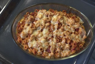 Pasta with tomatoes and cheese baked in a casserole dish in the oven, Franconia, Bavaria, Germany,