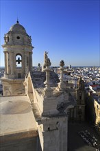 Rooftops of buildings in Barrio de la Vina, looking west from cathedral roof, Cadiz, Spain, Europe