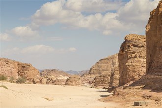 Desert, red mountains, rocks and blue sky. Egypt, the Sinai Peninsula, Dahab