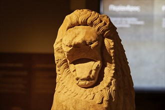 The Lion of Korakou, stone sculpture of a lion from antiquity with clear details, Archaeological