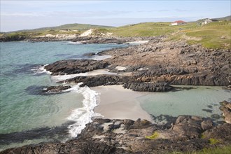 Atlantic coastline rocky headlands and small sandy bays near Borgh, Barra, Outer Hebrides,